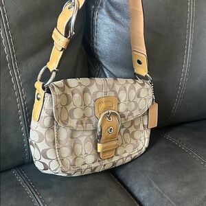 Coach Beige and Brown Signature Shoulder Bag